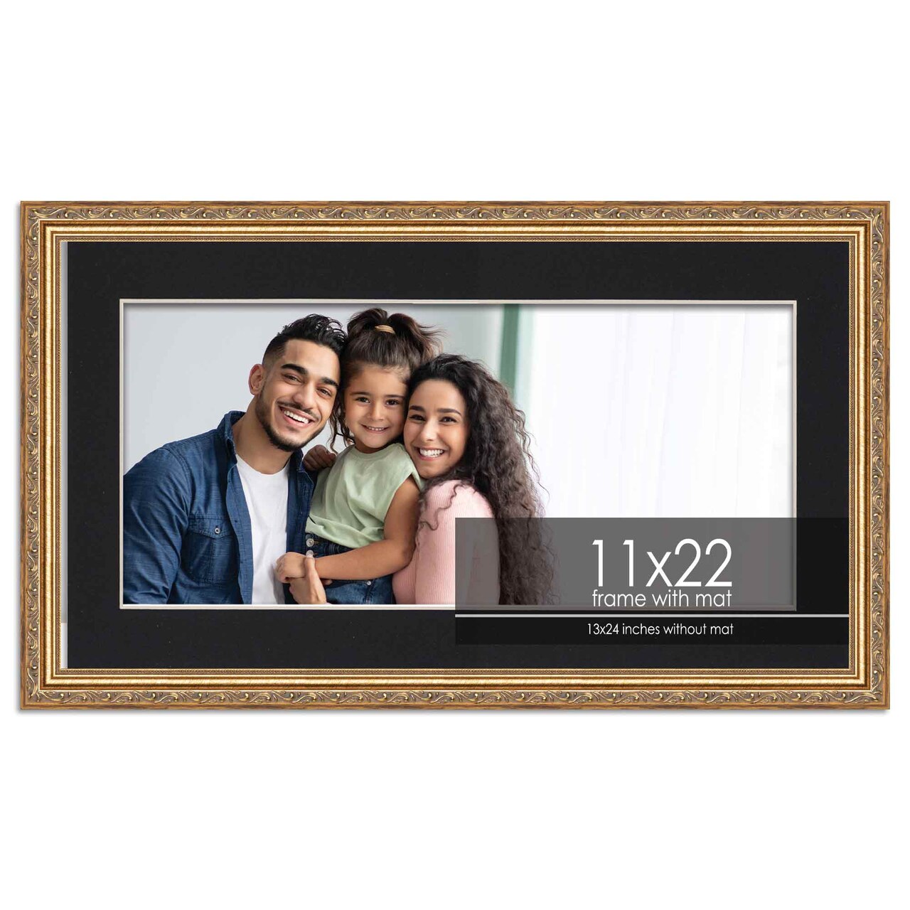 Antique Gold Frame with Black Photo Mat, UV Acrylic Front, Foam Board Backing, 60 Sizes Available